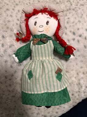 Vintage Raggedy Ann Style Cloth Doll in Green Floral Dress and Bonnet